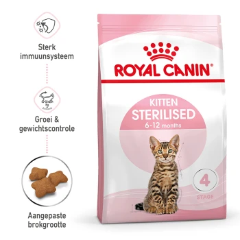 Royal Canin Kitten Sterilised droogvoerzak voor kittens van 6-12 maanden, met een illustratie van een Bengal kitten en voordelen voor groei en immuniteit.
