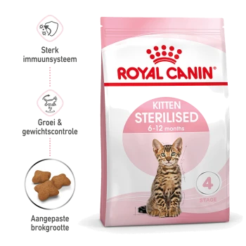 Royal Canin Kitten Sterilised droogvoerzak voor kittens van 6-12 maanden, met een illustratie van een Bengal kitten en voordelen voor groei en immuniteit.