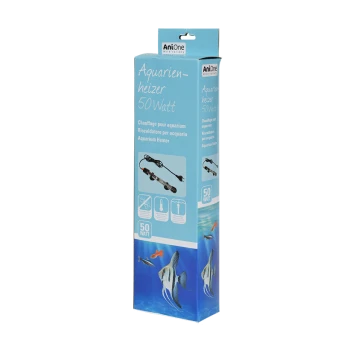 Emballage de chauffage pour aquarium, 50 Watt, présentant des images de poissons et des icônes pour le contrôle de la température, avec du texte en plusieurs langues.