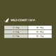 Guide d'alimentation pour la nourriture pour chats "Wild Coast", détaillant les quantités quotidiennes en fonction du poids du chat : 2-3 kg (30-40 g), 4-5 kg (50-60 g), 6-7 kg (65-75 g).