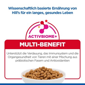 Schüssel mit Trockenfutter unter dem ACTIVBIOME+-Logo und 'MULTI-BENEFIT'; Text: unterstützt Verdauung, Immunsystem und Organgesundheit.