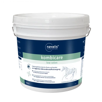 Weißer Eimer beschriftet mit "navalis nutraceuticals kombicare low selen" für Pferde und Equiden, mit Text in Deutsch, Englisch und Niederländisch.