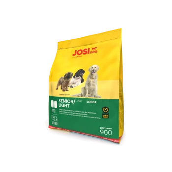 Gelbe JOSI DOG Senior/Light Hundefuttertüte (900g) mit drei Hunden, beschriftet mit "DEUTSCHE QUALITÄT" und "Energie-reduzierte Formel."