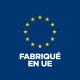 Fond bleu avec un cercle jaune de 12 étoiles de l'UE et le texte blanc « FABRIQUÉ EN UE ».