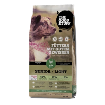 Futterbeutel 'The Good Stuff' mit einem Hund in einem rosa Halstuch; Aufdruck 'Füttern mit gutem Gewissen', 'Senior / Light', 'Huhn (Chicken)'.