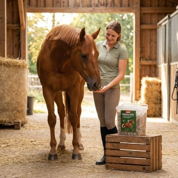 Frau füttert ein braunes Pferd mit Mineralstücken aus einem Behälter mit der Aufschrift „Panto Mineral-Bits“ im Freien.