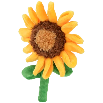 Ein Plüsch-Sonnenblumen-Spielzeug mit leuchtend gelben Blütenblättern, einem braunen Zentrum und einem grünen Stiel, ideal für Haustiere zum Spielen.