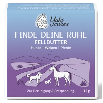 Yuki cares Fellbutter, ein pfotenförmiger Haustierbalsam in einer hellen Farbe, mit Verpackung, die "Cool down" und "Zur Entspannung" liest.