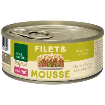 Nourriture pour animaux en conserve étiquetée 'Real Nature Original Filet & Mousse', contenant du poulet et de la dinde avec de l'huile de lin, adaptée aux chats adultes.