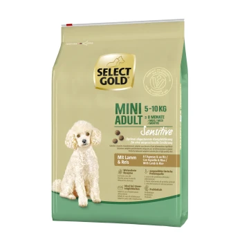 Sensitive Mini Adult Lamm & Reis 4 kg Select Gold Mini Adult Hundefutterbeutel, 5-10 kg, für empfindliche Hunde, mit einem weißen Pudel, mit Text, der Lamm- und Reis-Zutaten hervorhebt.