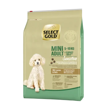Sac de nourriture pour chiens Select Gold Mini Adult, 5-10 kg, pour chiens sensibles, avec un caniche blanc, avec du texte mettant en avant les ingrédients d'agneau et de riz.