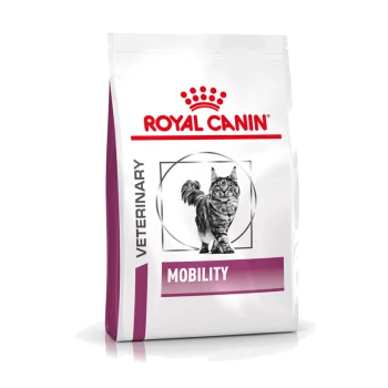 Royal Canin Veterinary Mobility Katzenfutterbeutel mit einer Illustration einer grauen getigerten Katze, mit "MOBILITY" deutlich sichtbar.
