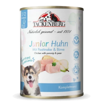 Tackenberg Junior Huhn Hundefutterdose mit Huhn, Pastinake, Birne und einem glücklichen Welpen auf dem Etikett.