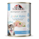 Tackenberg Junior Huhn Hundefutterdose mit Huhn, Pastinake, Birne und einem glücklichen Welpen auf dem Etikett.