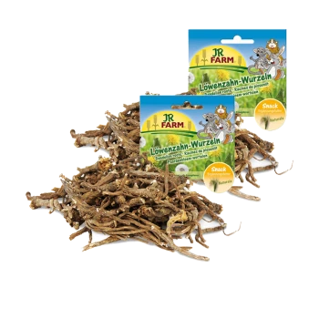 Snack pour animaux de compagnie à base de racine de pissenlit de JR FARM, présentant deux paquets sur un tas de racines séchées, étiquetés "Snack" et "Ergänzungsfutter."