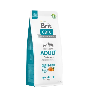 Tüte Brit Care Adult Salmon Hundefutter, getreidefreie Formel für kleine und mittelgroße Rassen, die gesunde Haut und Fell fördert.