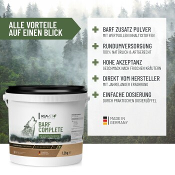 Ein Glasbehälter, gefüllt mit grünlich-braunem Pulver, begleitet von einem kleinen weißen Messlöffel.