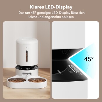 Automatischer Futterspender für Haustiere mit zwei Schalen, die gleichmäßig Futter ausgeben, mit dem Text "Gleichmäßige Futterausgabe" und "Ausgewogen."