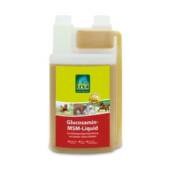 Flasche LEXA Glucosamin-MSM-Liquid zur Unterstützung der Gelenke, mit einem gelben Etikett mit Bildern von Pferden und Text in deutscher Sprache.