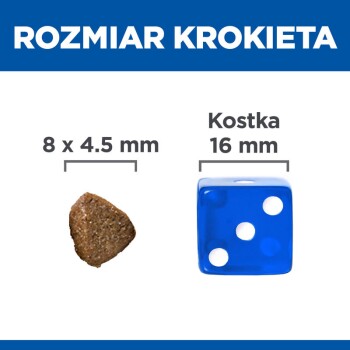 Obrazek krokietów karmy dla zwierząt obok niebieskiej kostki do porównania rozmiaru. Krokiet: 8x4,5 mm; kostka: 16 mm. Polski tekst: "ROZMIAR KROKIETA" i "Kostka."
