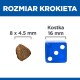 Obrazek krokietów karmy dla zwierząt obok niebieskiej kostki do porównania rozmiaru. Krokiet: 8x4,5 mm; kostka: 16 mm. Polski tekst: "ROZMIAR KROKIETA" i "Kostka."