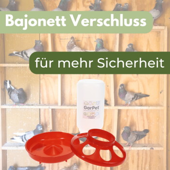 Rote Bajonett-Verschluss-Teile und weißer GarPet-Behälter vor einem Taubenschlag; Text 'Bajonett Verschluss' und 'für mehr Sicherheit'