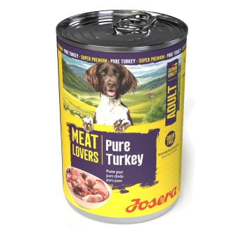 Dose Josera 'Meat Lovers Pure Turkey' Adult-Hundefutter - Etikett zeigt Hundefoto, Schale mit Truthahn und 'Grain Free'.