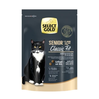 +12 Senior Geflügel und Reis 300 g Schwarz-weiße Katze auf einem Haustierfutterbeutel mit der Aufschrift "SELECT GOLD Senior Classic Fit", geeignet für Katzen über 12 Jahre, mit Geflügel und Reis.