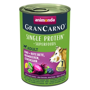 Dosenfutter für Hunde "GranCarno Single Protein" mit Rindfleisch, Rote Bete, Brombeeren und Löwenzahn. Merkmale: "100% frische Zutaten" und "Hergestellt in Deutschland."