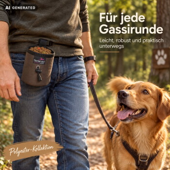 Nahaufnahme des Stoffes eines Hundebettes mit einem Logo, das "tierlando" liest, und einem schwarzen Kordelverschlussmechanismus.