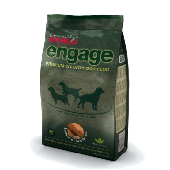 Connolly's Red Mills Engage Premium Country Dog Food bag, salmon and rice recipe, 24% protein, hypoallergenic, with dog silhouettes.