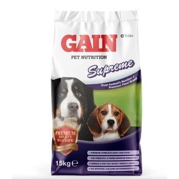 Gain Pet Nutrition Supreme dog food bag with a Bernese Mountain Dog and Beagle, showcasing "Premium Meaty Recipe" and nutritional benefits.