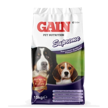 Gain Pet Nutrition Supreme dog food bag with a Bernese Mountain Dog and Beagle, showcasing "Premium Meaty Recipe" and nutritional benefits.