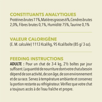 Informations nutritionnelles pour la nourriture pour chat : 11 % de protéines, 6 % de matières grasses, 2 % de cendres, 0,1 % de fibres, 75 % d'humidité, 0,1 % de taurine ; instructions de nourrissage incluses.