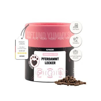 Ein Behälter mit "Pferdammt Lecker" Trainingssnacks für Hunde und Katzen, mit einem rosa Deckel und schwarzem Boden, mit kleinen Leckerli-Stücken, die in der Nähe verstreut sind.