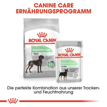 Verpackung von Royal Canin Digestive Care Hundefutter, mit einem Trockenfutterbeutel, der mit "MAXI" beschriftet ist, und einem Nassfutterbeutel, mit dem Anspruch, die Stuhlqualität zu verbessern.