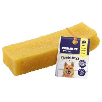 Cheese snack for dogs, featuring a yellow cheese stick and a packaging label that reads "Premiere I love my dog Cheese Snack M."