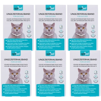 Sechs identische "optipet" antiparasitäre Halsbandboxen für Katzen, jede zeigt eine graue Katze und Text in Deutsch, Französisch und Italienisch.
