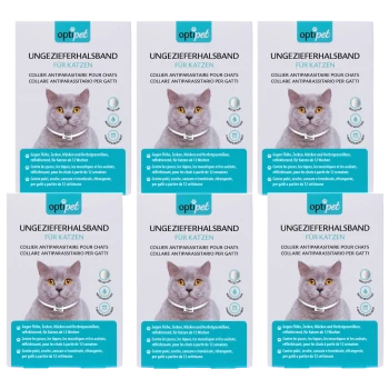 Sechs identische "optipet" antiparasitäre Halsbandboxen für Katzen, jede zeigt eine graue Katze und Text in Deutsch, Französisch und Italienisch.