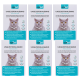 Sechs identische "optipet" antiparasitäre Halsbandboxen für Katzen, jede zeigt eine graue Katze und Text in Deutsch, Französisch und Italienisch.