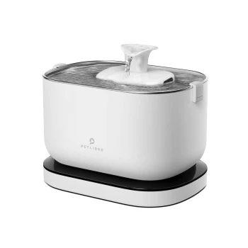 Weicher Tierwasserbrunnen mit einem eleganten Design, der einen fließenden Wasserauslauf hat, auf einer schwarzen Basis platziert.