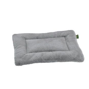 Graues rechteckiges Plüsch-Tierbett mit erhöhten Rändern und einem kleinen grünen Etikett an der Seite.