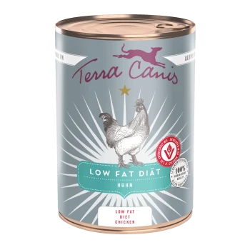 Metall-Dose mit Aufschrift 'Terra Canis', 'Low Fat Diät', 'Huhn' und 'Low Fat Diet Chicken', Hühnerillustration und türkises Etikett