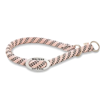 Pink-schwarzer geflochtener Wolters Cat & Dog Halsband mit Metallringen auf weißem Hintergrund.