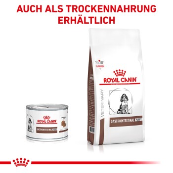 Royal Canin Gastrointestinal Welpen Nassfutterdose und Trockenfutterbeutel, mit dem Text "AUCH ALS TROCKENNAHRUNG ERHÄLTLICH" darüber.