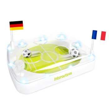 Leuchtendes, durchsichtiges Haustierspielzeug – Fußballfeld mit zwei kleinen Bällen, Deutschland- und Frankreich-Flaggen, Text „Interactives“