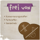 Lila Banner mit der Aufschrift "frei von" und einem braunen Pfotenabdruck, der Artikel auflistet, die frei von Konservierungsstoffen, Farbstoffen und GVO sind.