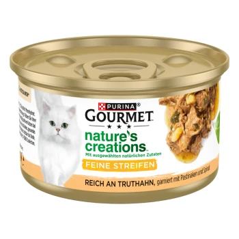 Een blik Purina Gourmet kattenvoer gelabeld "Nature's Creations," met een witte kat en benadrukt kalkoen, pastinaak en spinazie.