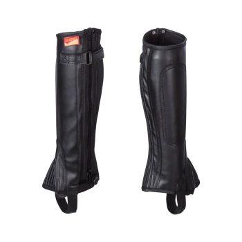 Schwarze Lederreitstiefel mit Reißverschlüssen und Riemen, mit einem Etikett, das "GOLDHORSE" trägt.