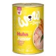 Boîte de nourriture pour chien Wow-Dog Junior avec du poulet, avec une étiquette jaune vif, montrant des images de morceaux de poulet et de carottes.